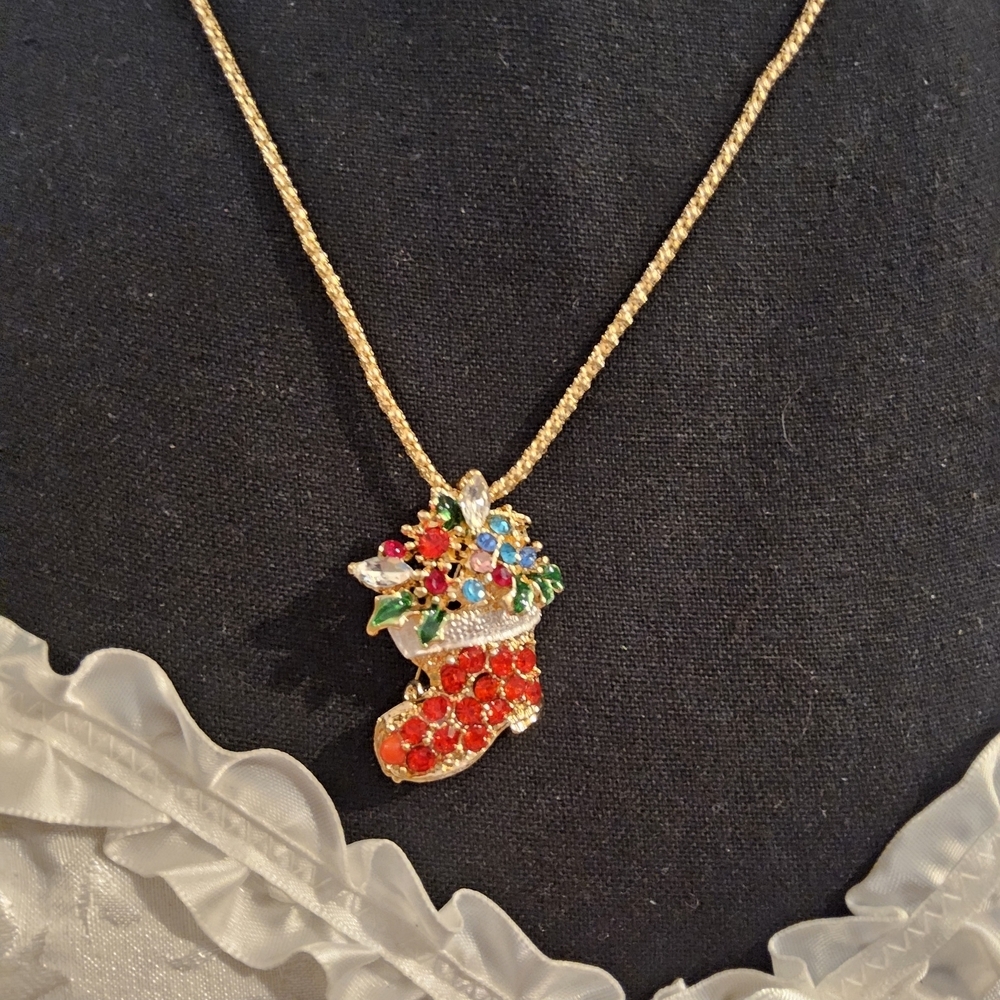 Gold Christmas Stocking Necklace with Colorful Gems - Picture 3 of 3